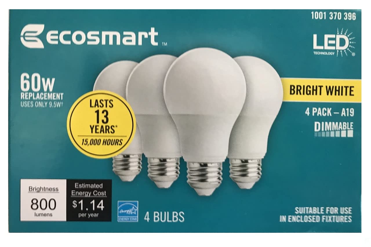 Led Technology 60W Equivalent A19 Dimmable Led Bulb, Bright White, Energy Star, 4-Pack