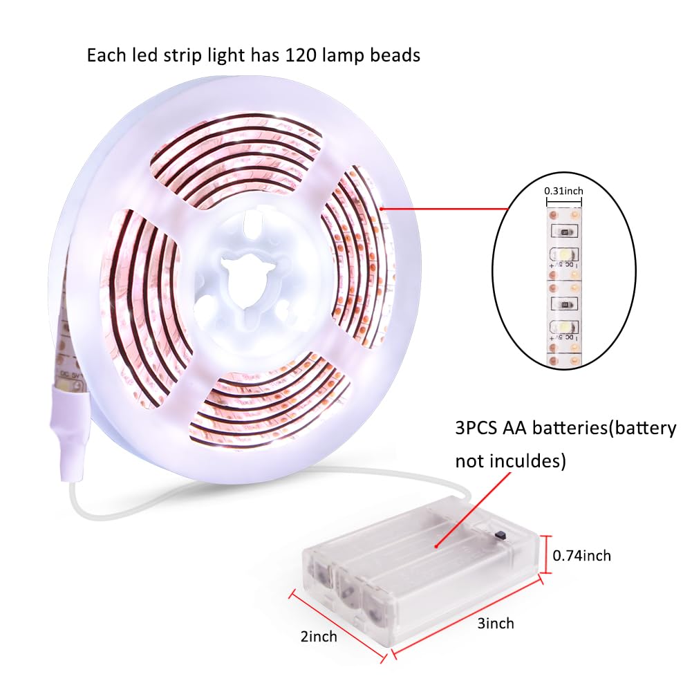 XYOP Battery Powered LED Strip Lights 13.2FT, Waterproof Cool White Flexible Cuttable Light Strip for PC, TV, Mirror, Kitchen Decor