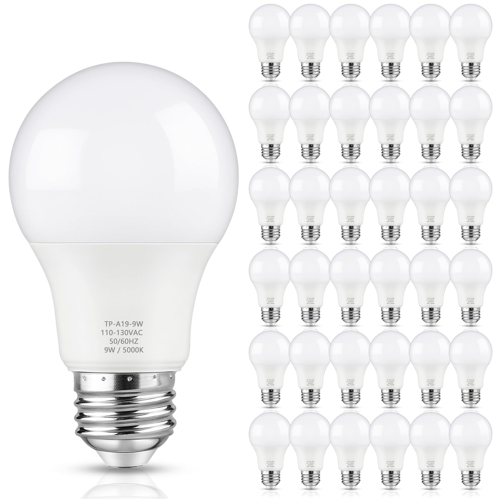 Maylaywood A19 LED Light Bulbs, 60 Watt Equivalent LED Bulb, Daylight White 5000K, 850LM, E26 Base, Non-Dimmable, 9W Bright White LED Bulbs, 36-Pack