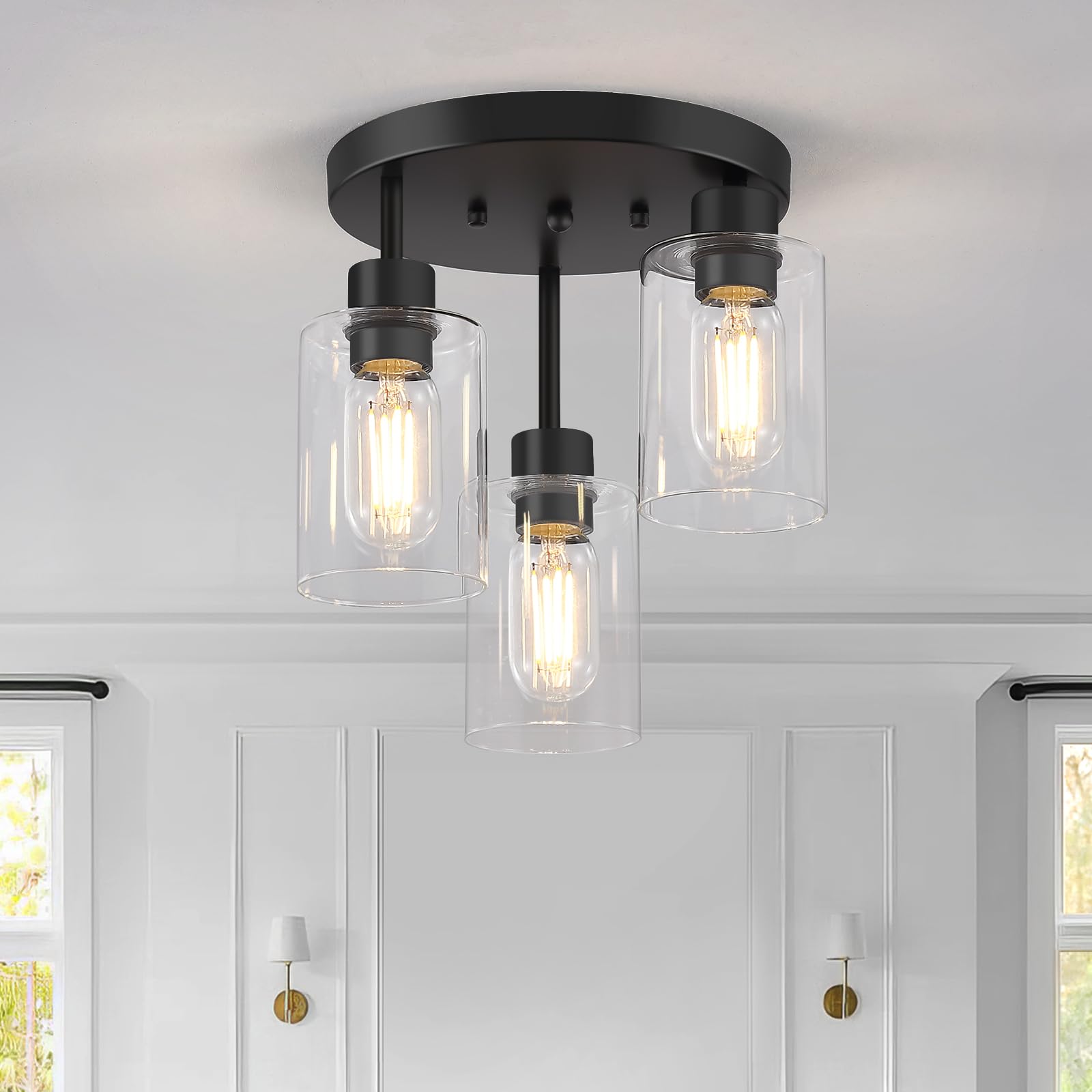 Feanron Black 3-Light Farmhouse Flush Mount Ceiling Light With Clear Glass Shades For Kitchen & Foyer