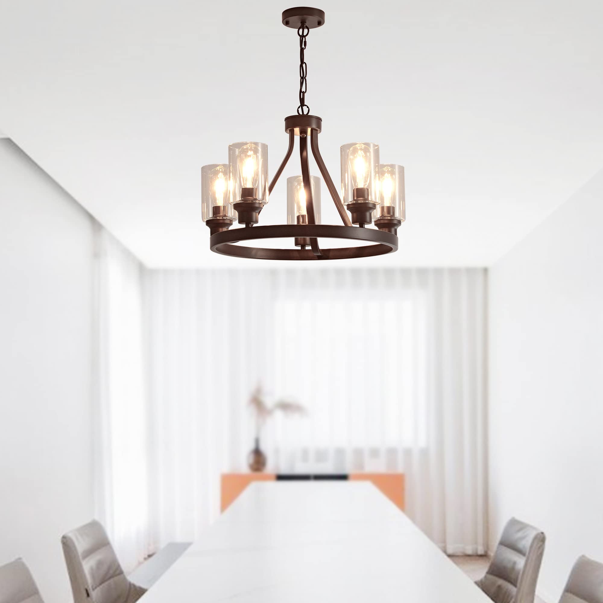 Sivilynus Farmhouse Chandelier - 5 Lights, Oil-Rubbed Bronze, Vintage Rustic Ceiling Fixture for Dining Room, Living Room, Kitchen Island