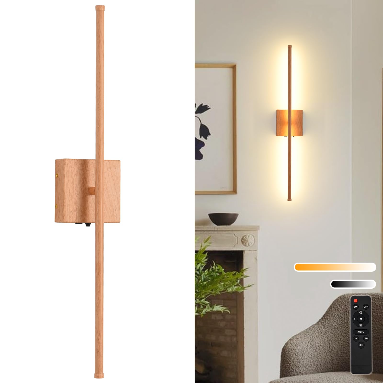 Battery Operated Wall Sconces, 11000mAh Rechargeable Faux Wood Texture Finish Wall Lights with Remote, 350 Rotatable Dimmable Wa