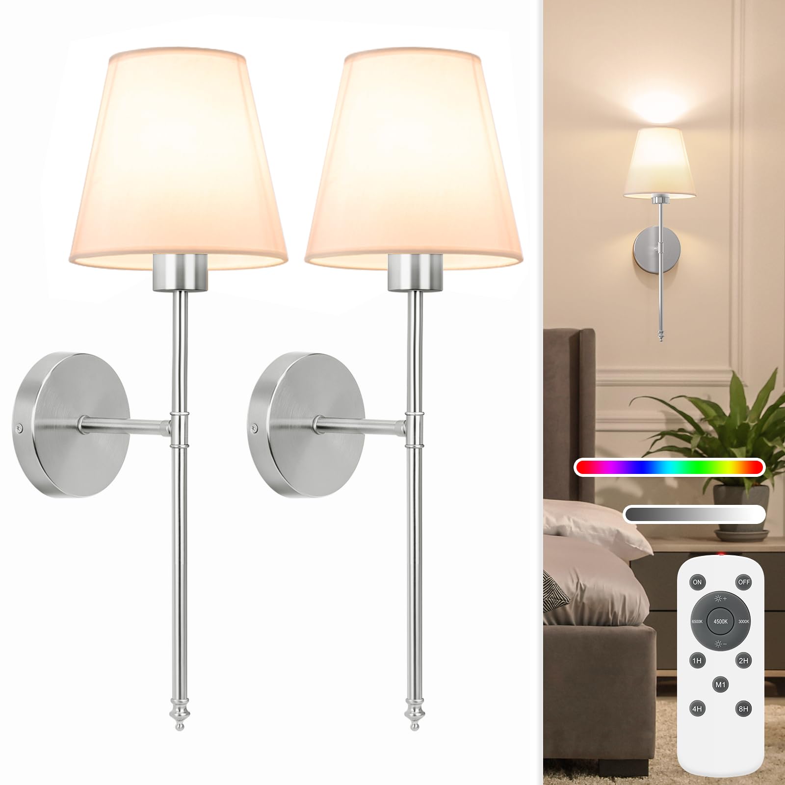 NIORSUN Wall Sconce Set of 2, 19.9 inch Brushed Nickel, Rechargeable Dimmable Bulbs, Remote, Model SW025