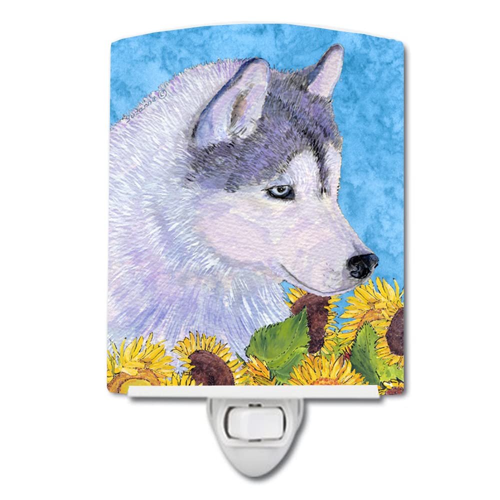 Caroline'S Treasures Ss4233Cnl Siberian Husky In Summer Flowers Ceramic Night Light Compact, Ul-Certified, Ideal For Bedroom, Bathroom, Nursery, Hallway, Kitchen, 6X4X3, Multicolor