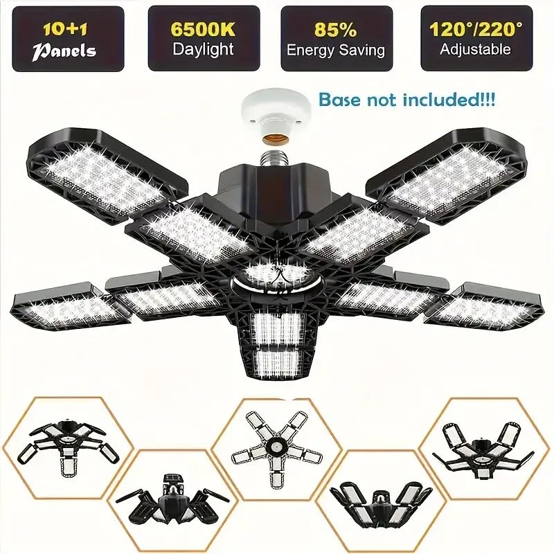 PINSAI 2 Packs LED Garage Light, 260W 26000 Lumen E26/E27 Deformable Ceiling Lamp with 10+1 Adjustable Panels, Black