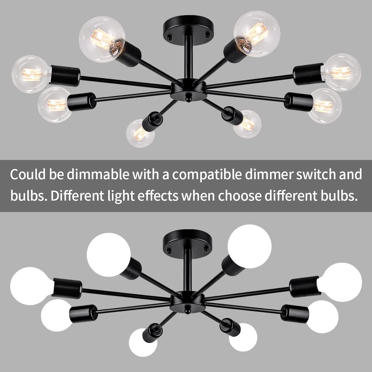 ZSMIHDOH 8-Light Black Semi Flush Mount Chandelier - Modern Sputnik Ceiling Light for Living Room, Bedroom, Kitchen, Office