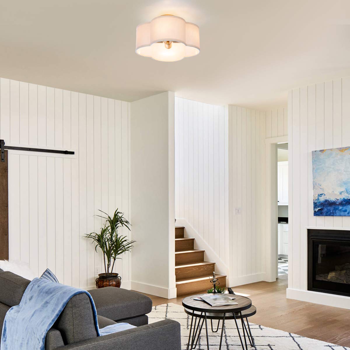 Viluxy Modern Flush Mount Ceiling Light Fixture Farmhouse White Fabric Semi Ceiling Lamps With Gold 4 Lights Drum Shade For Bedr