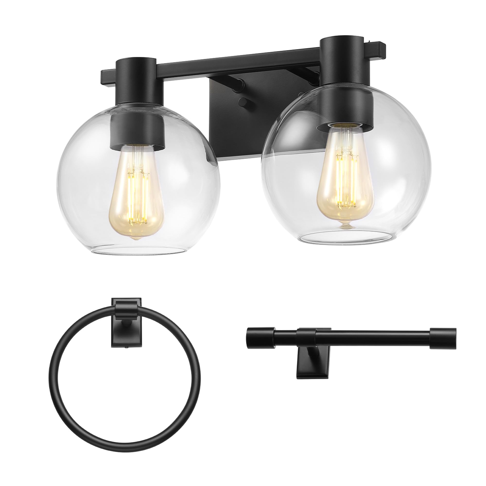 Globe Electric 63000057 3-Piece All-In-One Bathroom Accessory Set, Matte Black, 15'' 2-Light Vanity Light, Clear Glass Shades, T
