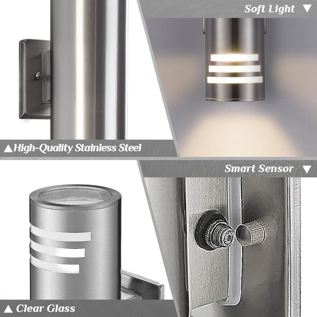 SHIMR Modern Outdoor Wall Lights - 2 Pack Waterproof Stainless Steel with Brushed Nickel Finish, Dusk to Dawn LED Fixtures
