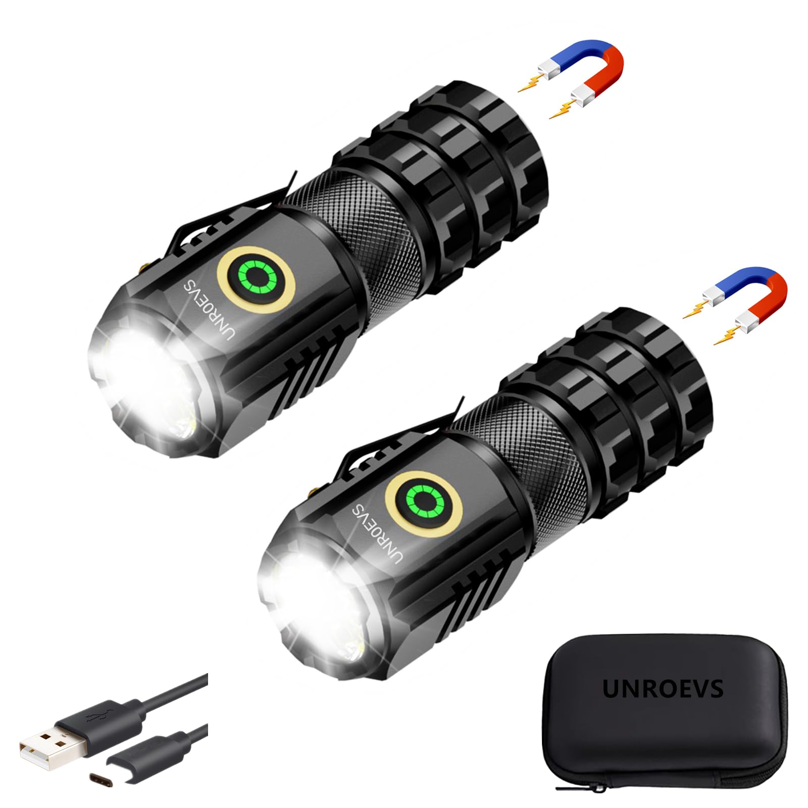 UNROEVS 2-Pack XC06 Mini Flashlight Rechargeable,Pocket Flashlight with Magnet,Super Bright Small Compact Flashlight,5 Modes EDC