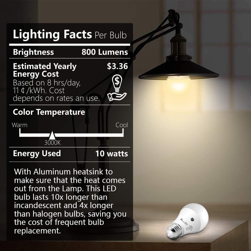 AmeriTop Dusk to Dawn LED Light Bulb 4 Pack, 800 Lumen, 10W (60W Equivalent), E26 Base, 3000K Warm White, Indoor/