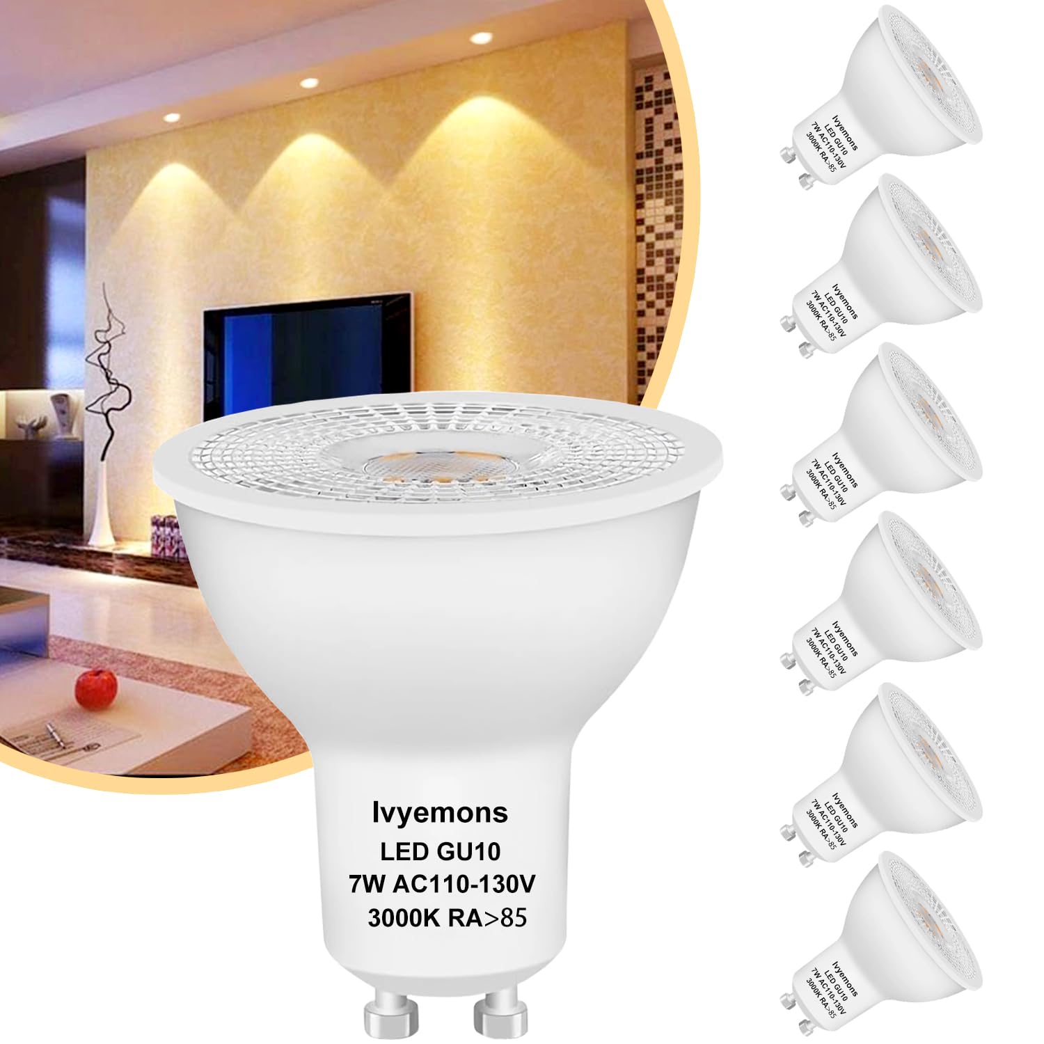 Ivyemons Gu10 Led Dimmable Bulb 3000K Warm White Flicker-Free, Gu10 Bulb Led 7W 500Lm High Brightness (Equivalent 50W Traditiona