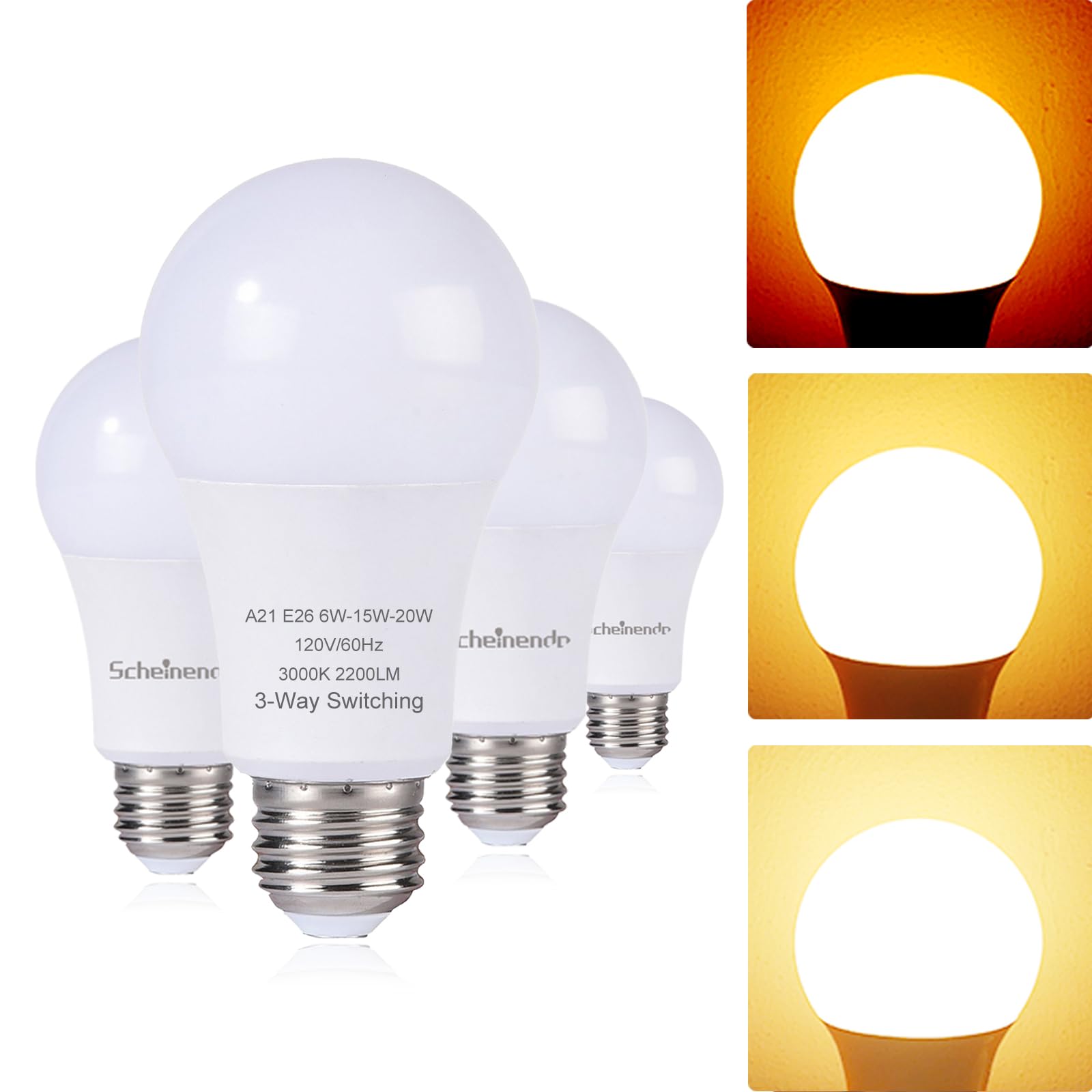 Scheinenda 3-Way Led Light Bulbs A21, 50 100 150 Watt Equivalent, Perfect For Reading, Warm White (3000K), Indoor Standard E26 B