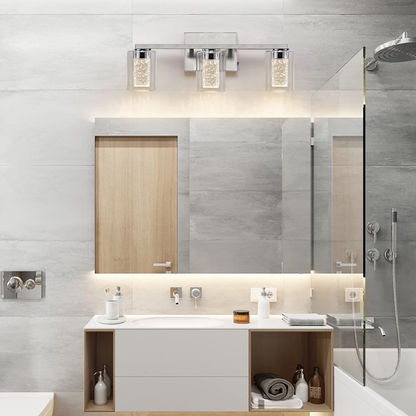 Sadenicel 3-Light Brushed Nickel Vanity Lights - Dimmable Crystal Led Fixtures For Bathroom