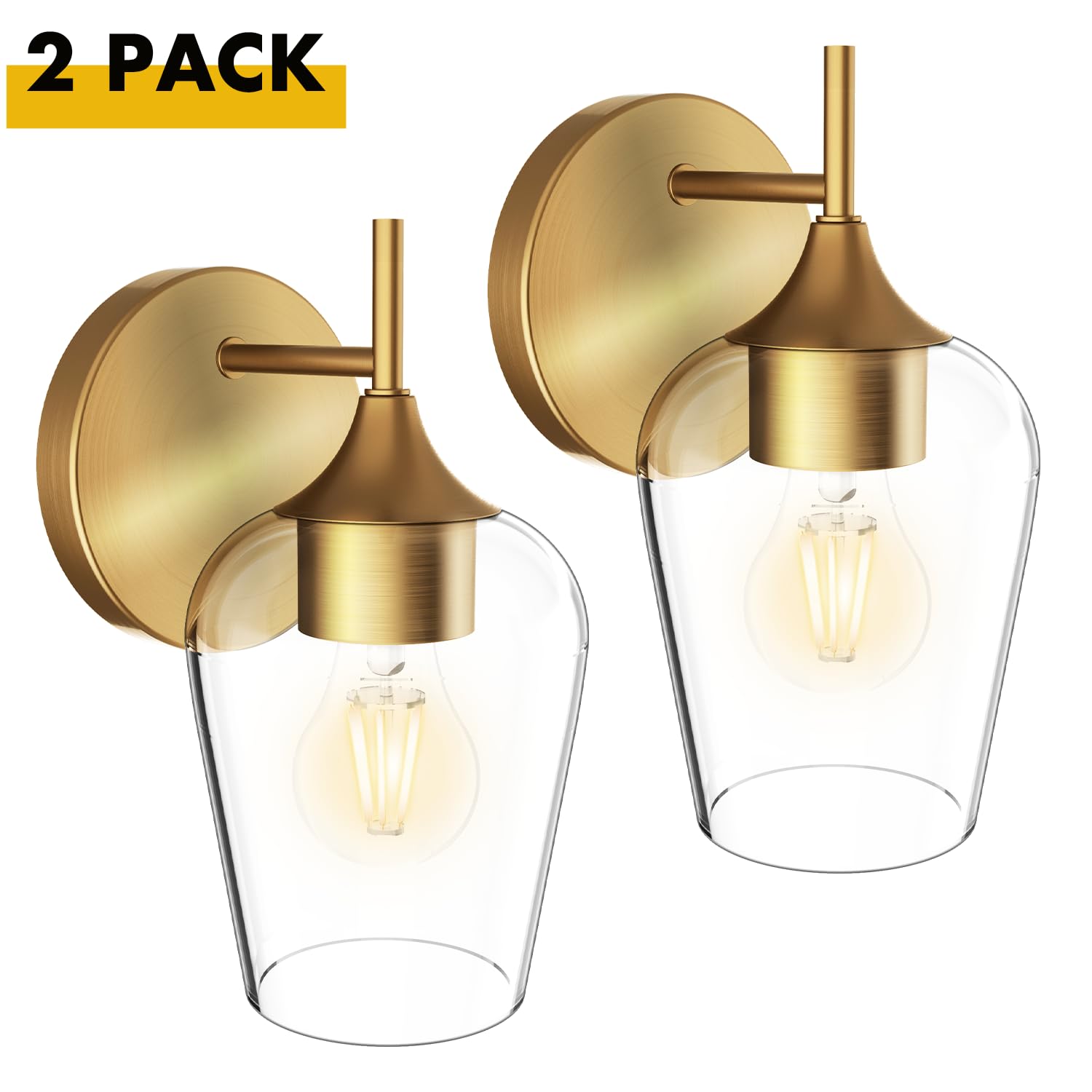 Hamilyeah Gold Wall Sconces Set of 2, Modern Vintage Brass Lighting with Clear Champagne Glass Shade for Bathroom, Bedroom, Kitchen