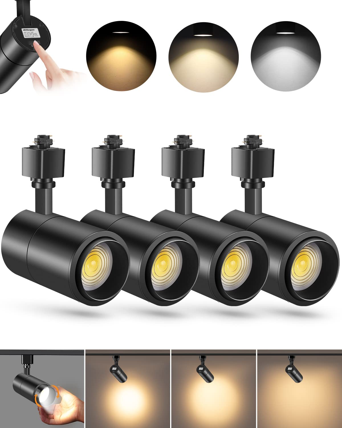 Vanoopee 30W Dimmable 3-Color Led Track Lighting Heads, Adjustable Bright Ceiling Spotlight, Black 4 Pack