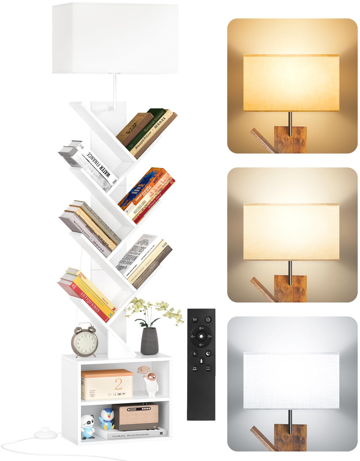 Outonlife 9 Tier Tree Bookshelf With Lamp, Remote, Timer & Storage Cabinet, Dimmable Modern Tall Floor Standing Corner Book Shel