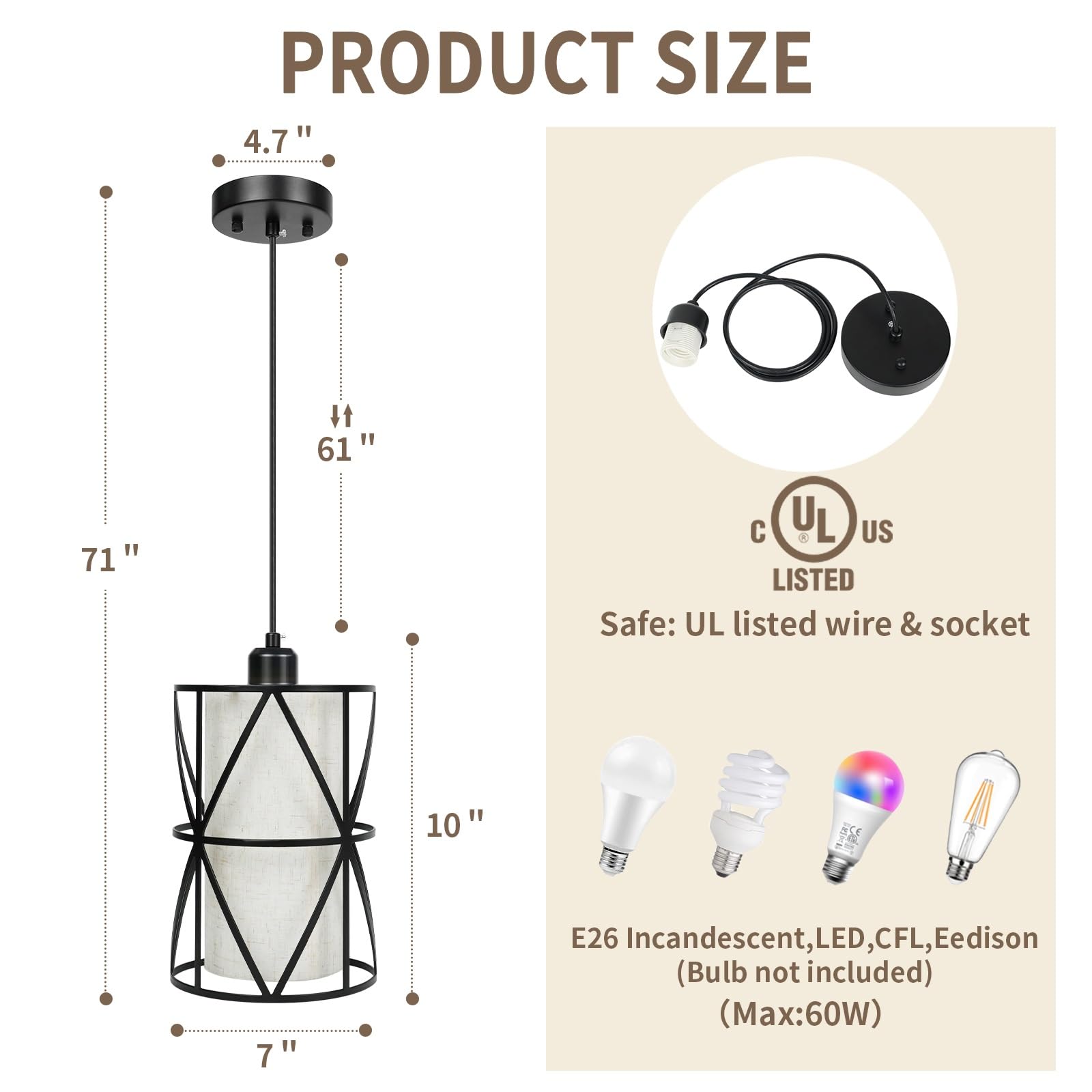 Zlierop 7in Matte Black Pendant Light, Adjustable Height, Linen Shade, Metal, Ideal for Kitchen, Dining Room, Living Room