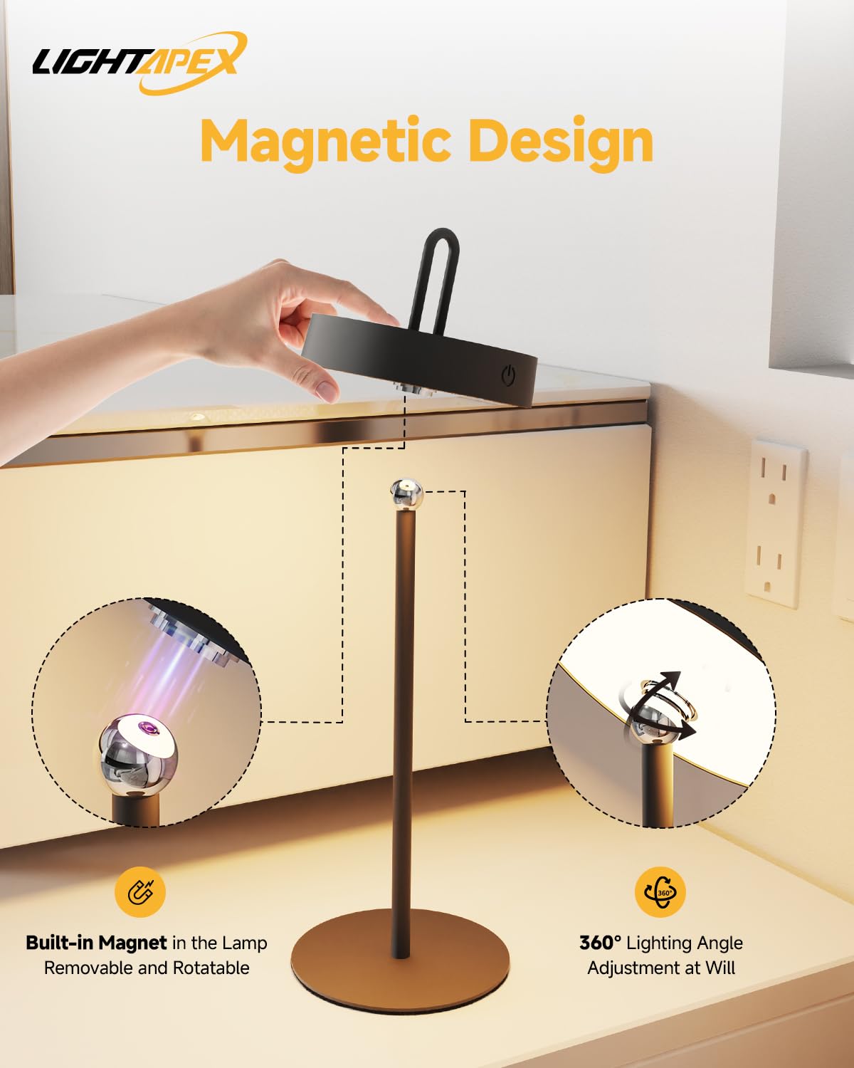 Lightapex Cordless Table Lamps, 2-Pack, Rechargeable Portable Lamps With Stepless Dimming, Touch Control, Detachable Magnetic De