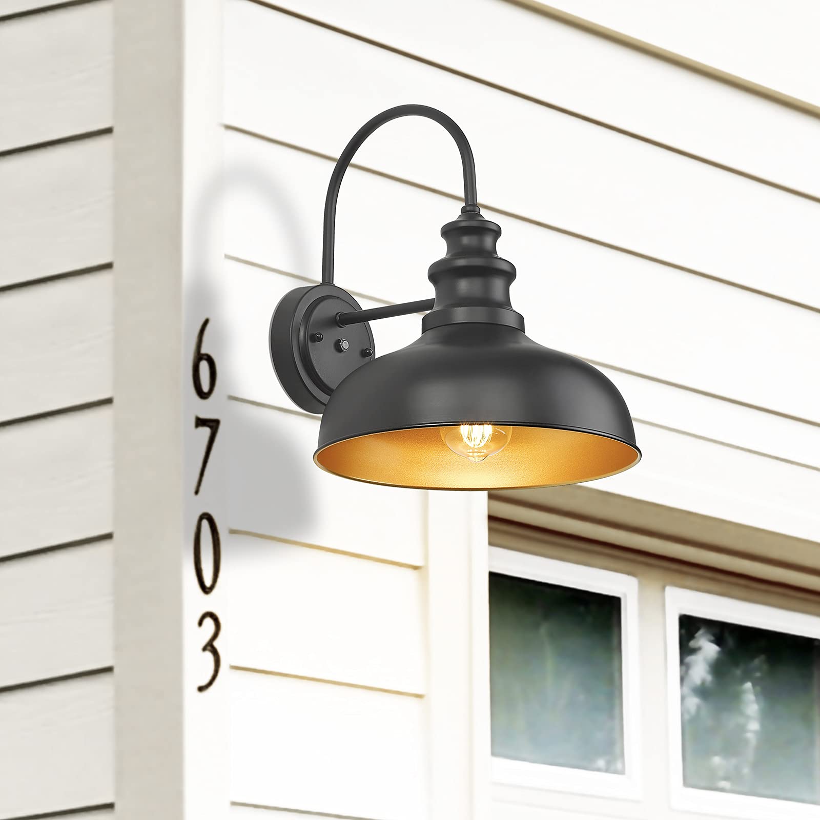 Bestshared Gooseneck Barn Light, Outdoor Wall Sconce, Metal, Black+Gold, 11.5”, Model BSDDV260-NE, 1 Pack