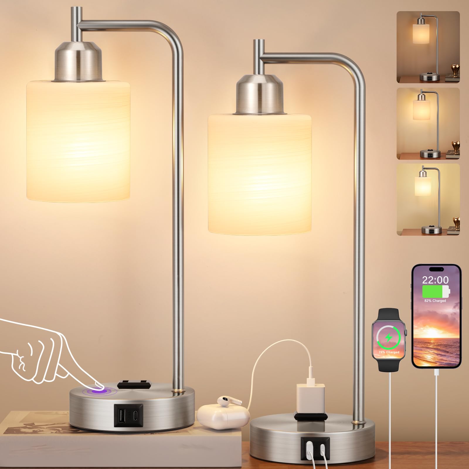 Innqoo Industrial Nickel Table Lamps For Bedrooms Set Of 2-3-Way Dimmable Desk Lamp With Usb C+A Ports And Outlet, Sliver Lamps 