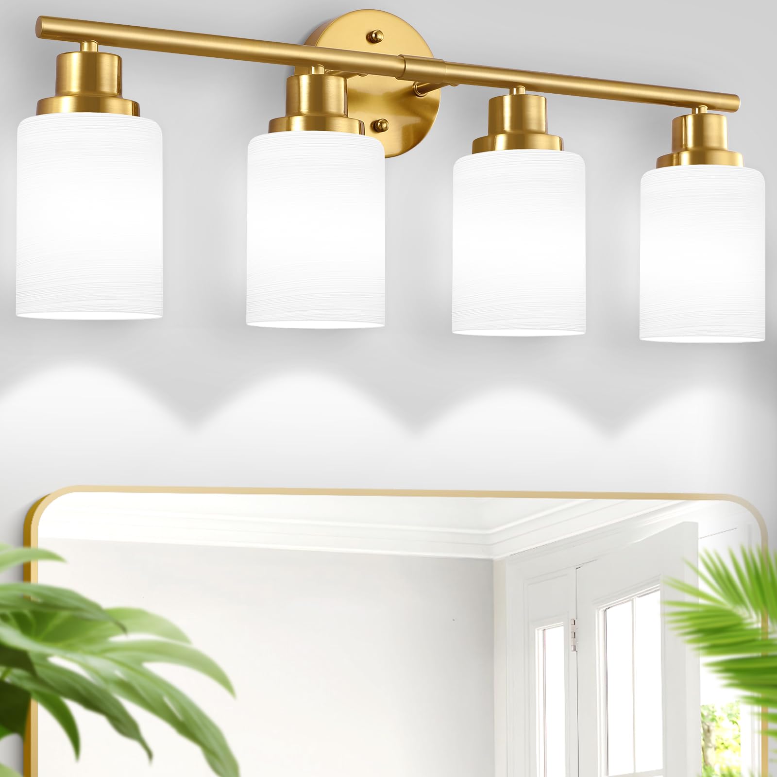 Guliaofo Gold Bathroom Light Fixtures, 4-Light Bathroom Vanity Light, Bathroom Wall Lights With White Frosted Glass Shade, Vanit