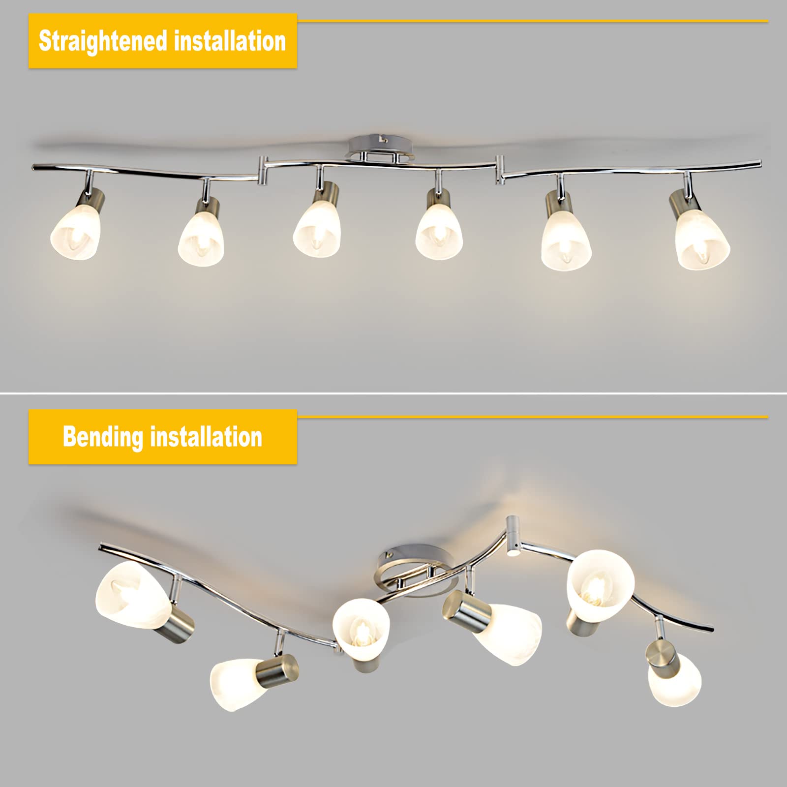 DINGLILIGHTING 6-Light Flexible Track Lighting - Modern LED Spot Fixture, Nickel, Metal, Model WS-FNG29-40B, Ideal for Living Room, Kitchen