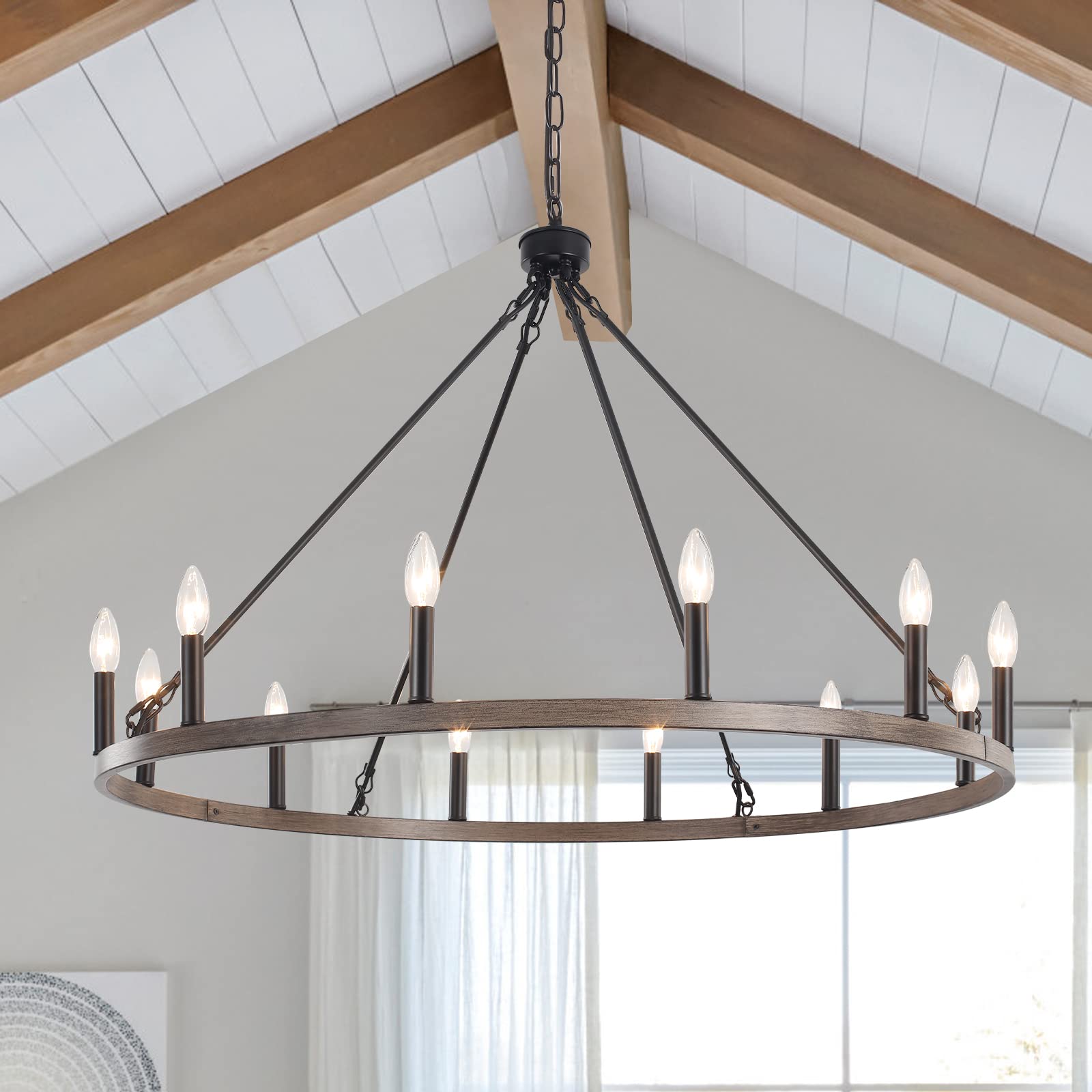 Zjvaive 12-Light Black Wagon Wheel Chandelier, 38''Rustic Farmhouse Chandelier,Round Hanging Ceiling Pendant Light Fixture,For K