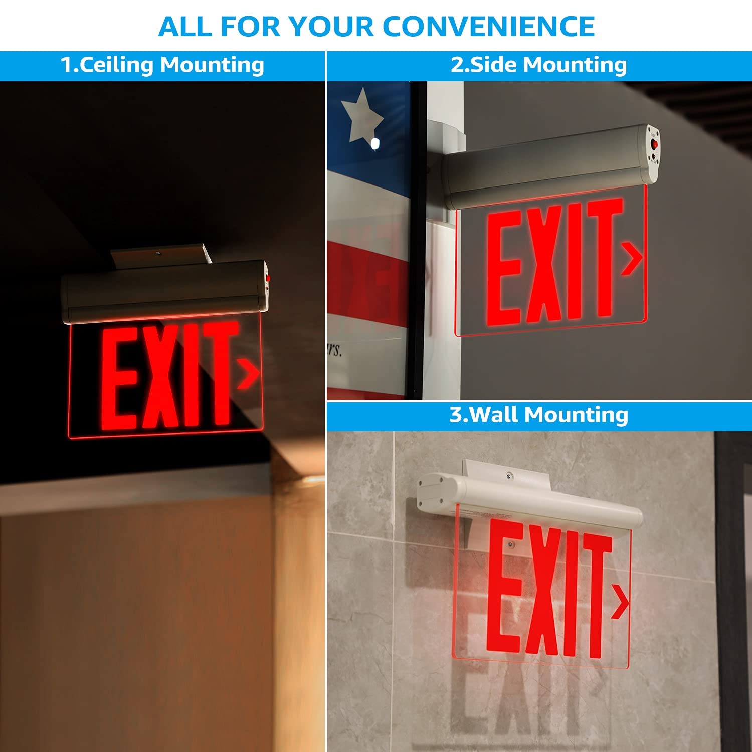 Leonlite Red Emergency Exit Sign, Ul 924, Led Edge Lit Exit Sign, Hardwired Exit Lights With Battery Backup, Double Sided, Rotat