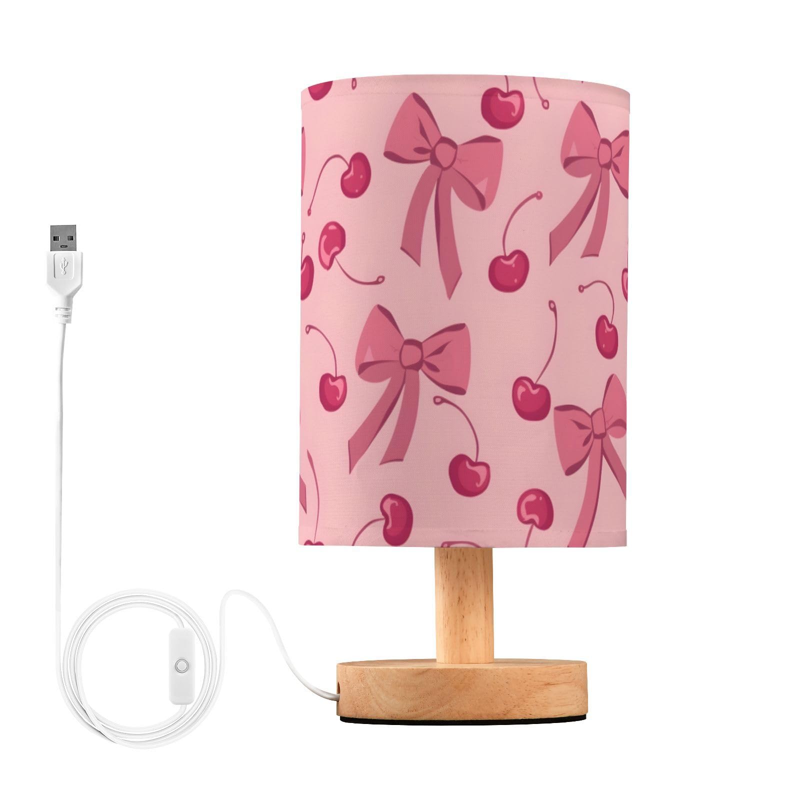 MFTJYO Bedside Table Lamp Bow Cherry Pink Table Lamp for Bedroom Nightstand Lamp with USB Port LED Desk Lamp Shade Living Room D