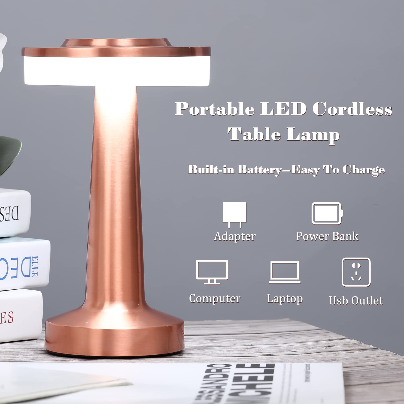 Riakrum LED Portable Cordless Table Lamp, Touch Sensor, 3 Color Dimming, Rechargeable, Rose Gold
