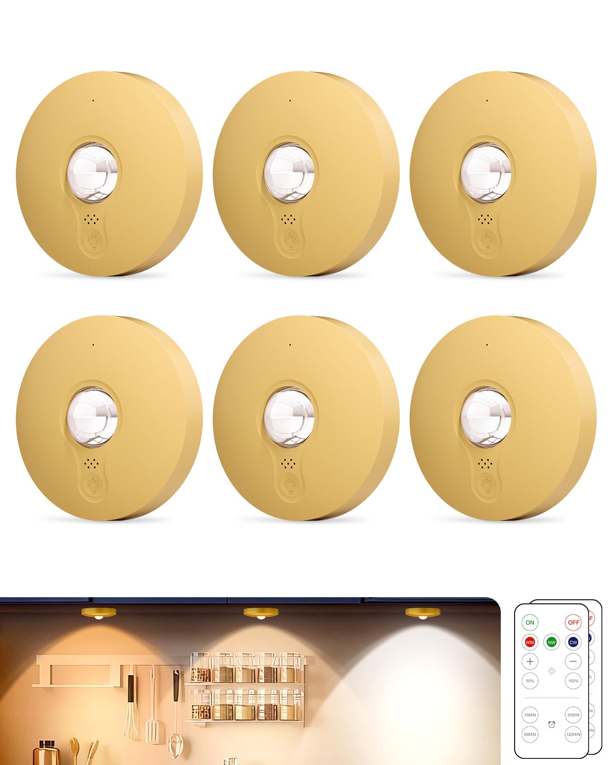 Aokpsrt Rechargeable Puck Lights with Remote Control, 1500mAh Battery, 6Pcs Gold Stick-on Lights for Under Cabinet, Closet, Bedr