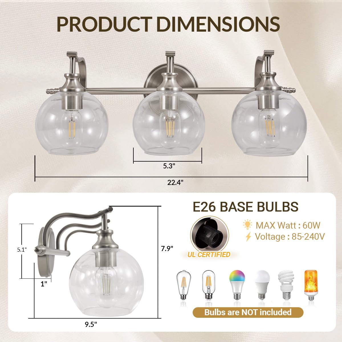 Andy Star 3 Light Bathroom Vanity Lights  Modern Wall Sconces Lighting  Silver Bathroom Lights With Clear Glass Shades  Bath Wall Lights Wall Lamp For Mirror  Living Room  Kitchen  Hallway