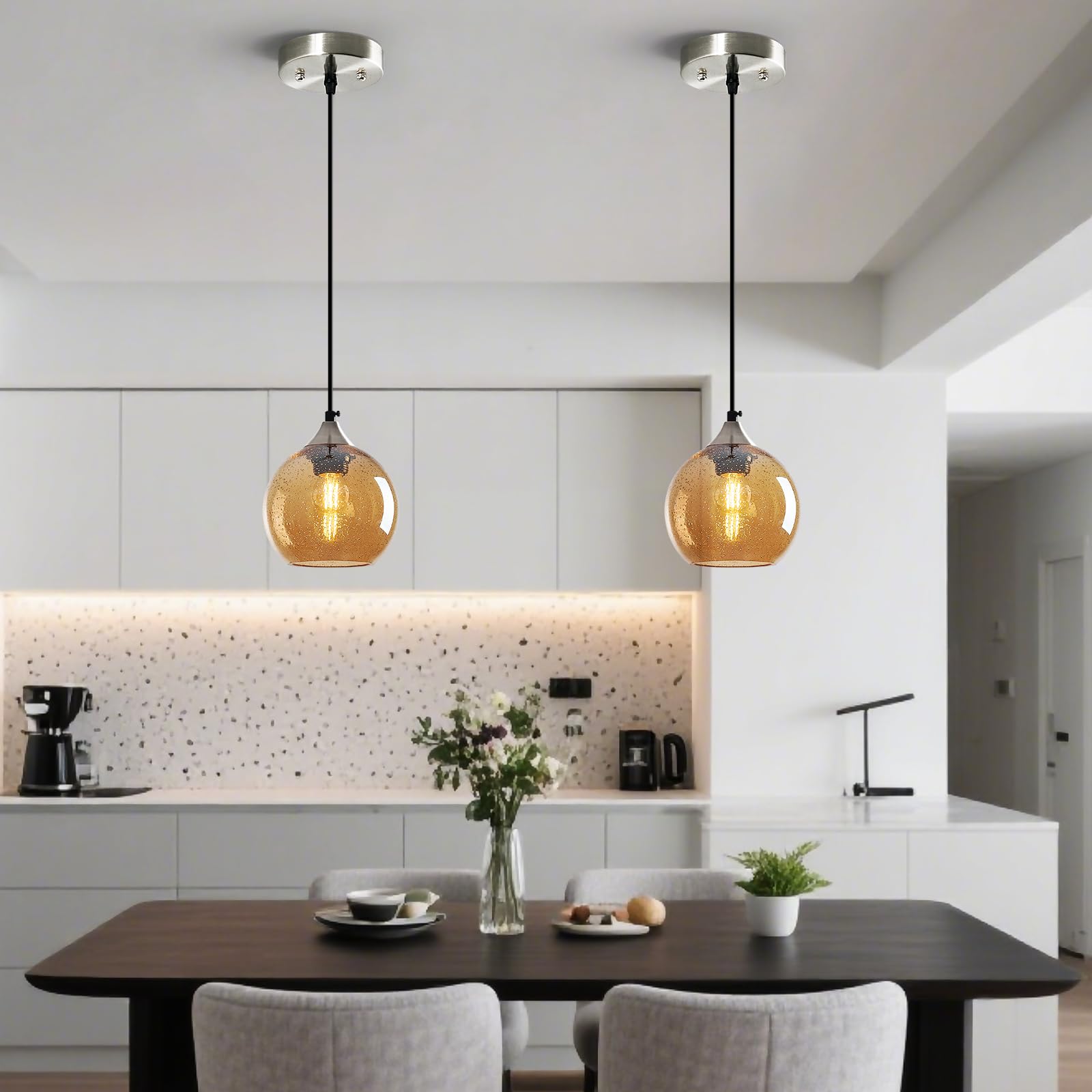 Lbsqj Amber Glass Pendant Lights Kitchen Island Globe Pendant Light Fixtures Modern Pendant Lighting For Bedroom Living Dining Room Light Fixture (5.9 In  3 Pack)