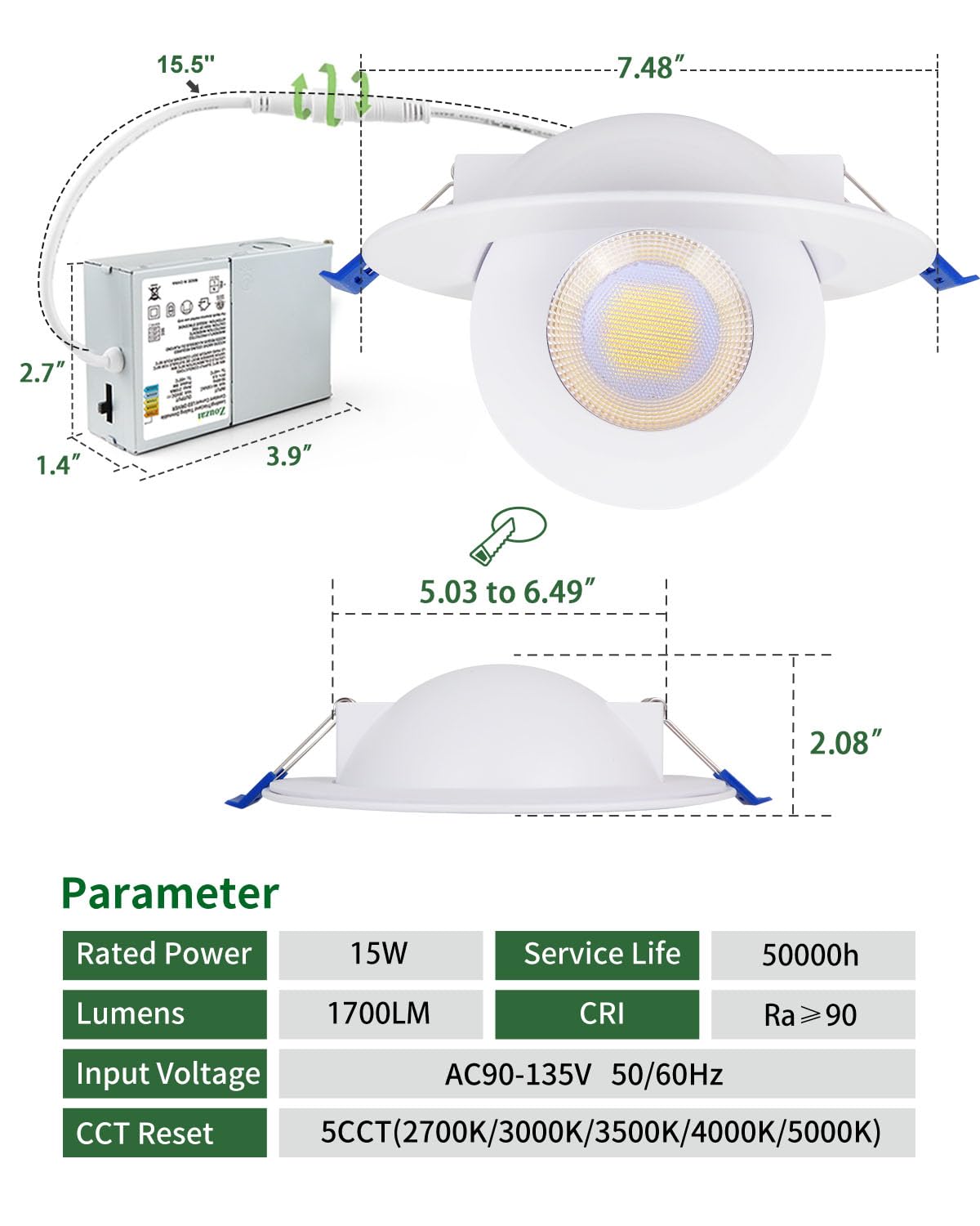 Zouzai 6 Inch 5Cct Gimbal Led Recessed Lights  360+90 Adjustable Directional Recessed Lighting  2700K/3000K/3500K/4000K/5000K Dimmable Retrofit Eyeball Can Lights With Jbox  Etl(White  1 Pack)