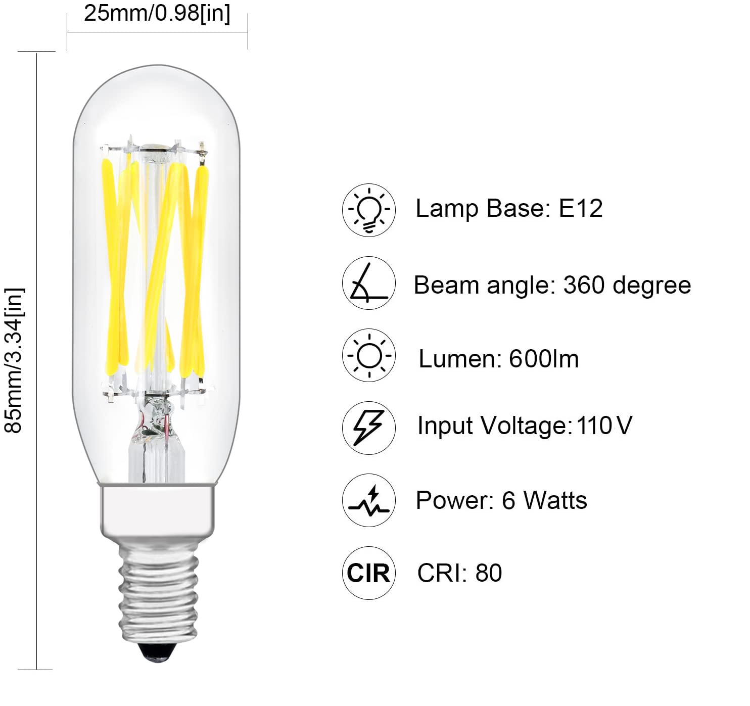 Raheem T8 Led Bulb, E12 Dimmable Led Bulb, 110V 600Lumens 5000K 60W Equivalent, Clear Glass Tubular Light Bulb, Best Replacement
