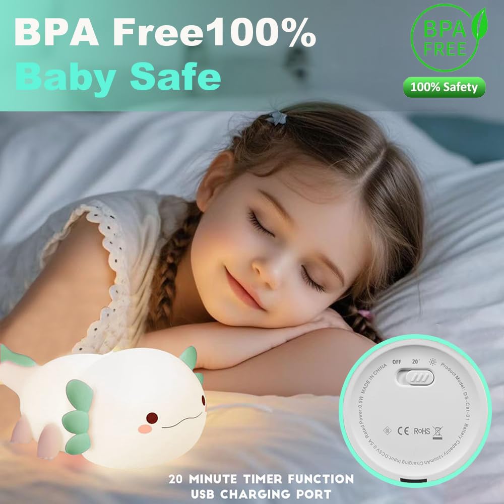 KangTen CHEN Axolotl Night Light, Silicone Touch Control Lamp, USB Rechargeable, Green, Model DS-AX-011