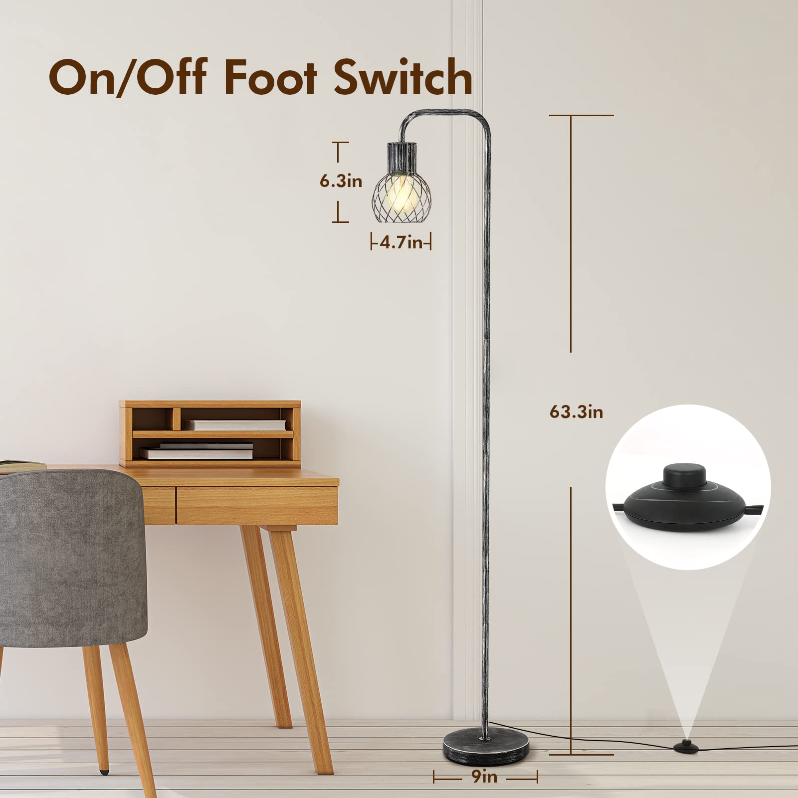 Industrial Floor Lamp, Antique Silver Standing Lamp Modern With 6W Led Bulb, Foot Switch, Metal Tall Lamps For Living Room, Bedr