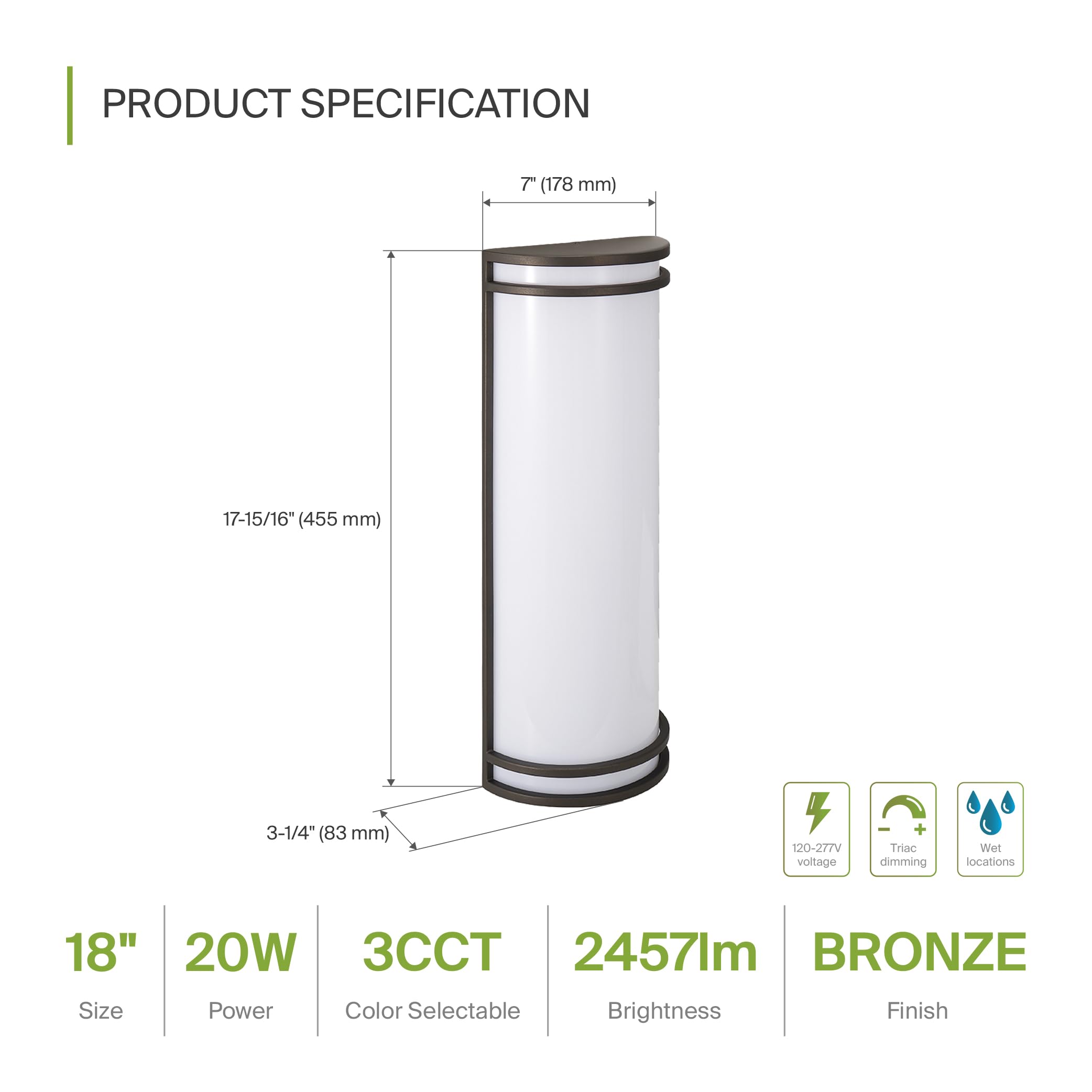 ASD 18 Inch LED Outdoor Wall Mount Light Fixture - Dimmable Bronze Sconce, 20W, ETL Certified, Model A-LWS21M18D20CCBZ