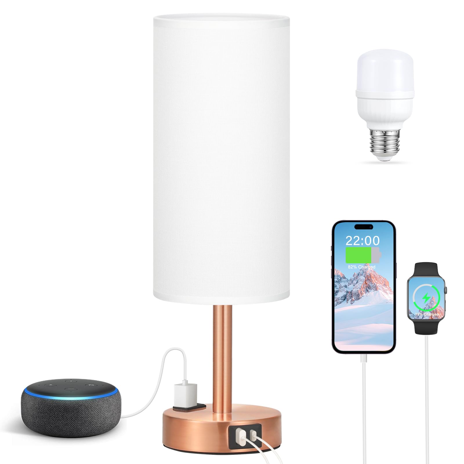 Fenmzee Bronze Nightstand Bedroom Lamp - 3 Way Dimmable Bedside Lamp Usb C A Charging Ports And Ac Outlet, Small Table Lamp Whit