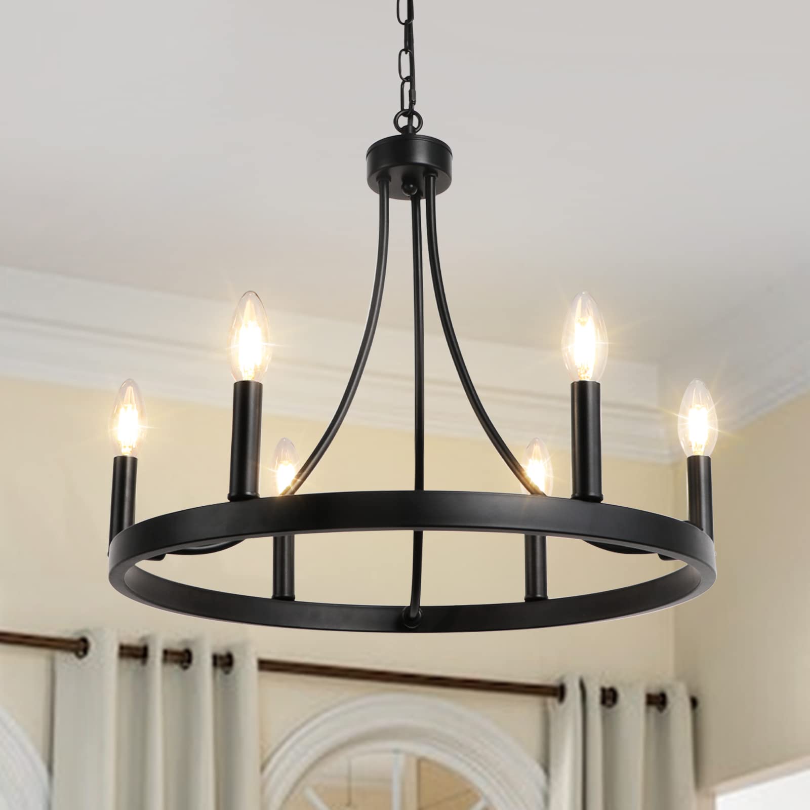 Lynpon 20&quot; Black 6-Light Wagon Wheel Chandelier - Rustic Farmhouse Pendant For Dining Room