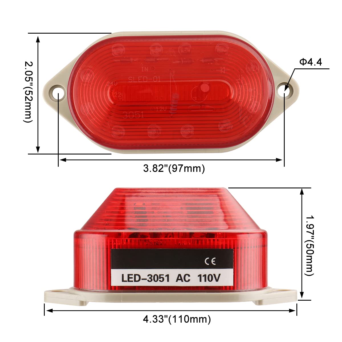 Baomain Industrial Signal Strobe Light LED-3051, Red, AC 110V, 2W, Plastic