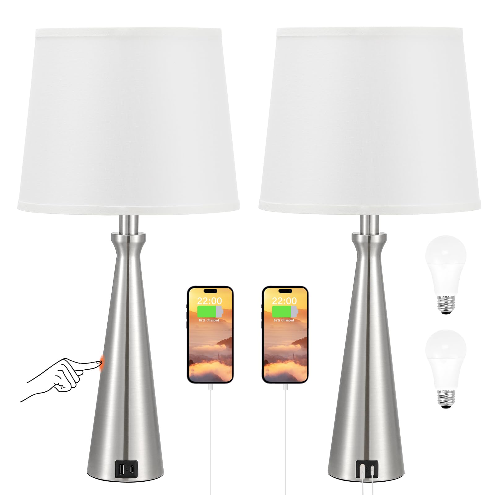 Table Lamps for Living Room Set of 2  Nightstand Bedroom Lamp with USB C USBA Charging Port White, Dimmable Bedside Touch Lamp