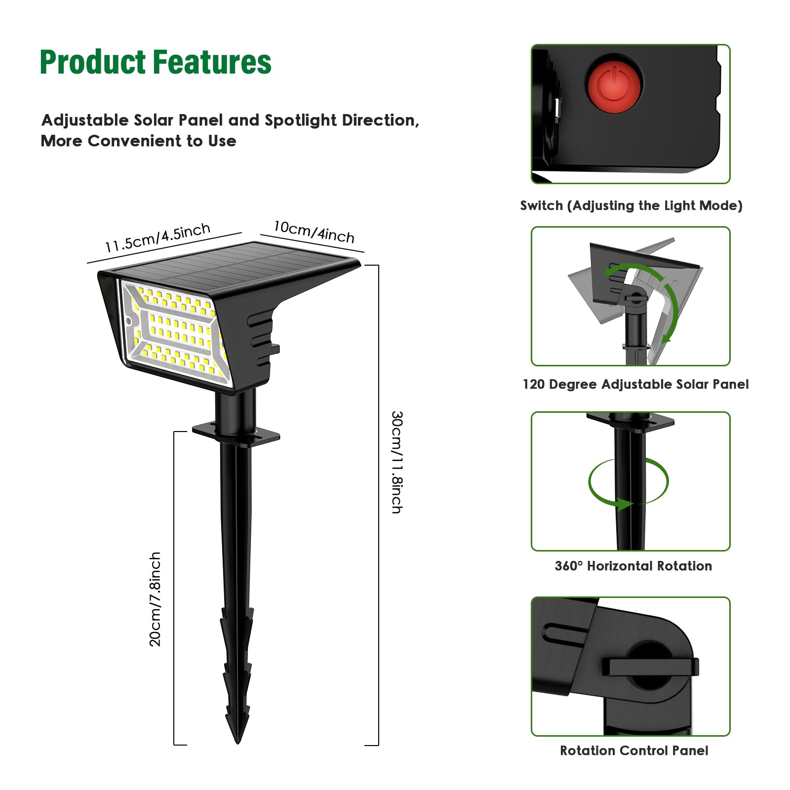 LAMKEEP Solar Spot Lights Outdoor, 60 LED, 2 Pack, Auto On/Off, IP68 Waterproof, Warm White, 3 Lighting Modes, Model HX-SL001D