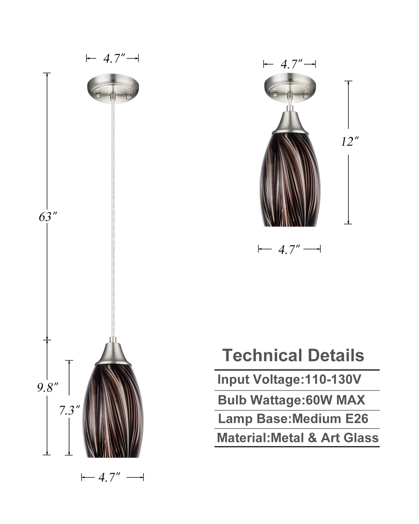 Karyfine Mini Pendant Lights Kitchen Island,Blown Art Glass Pendant Light Fixtures With Brush Nickel Finish Coffee Brown Hanging