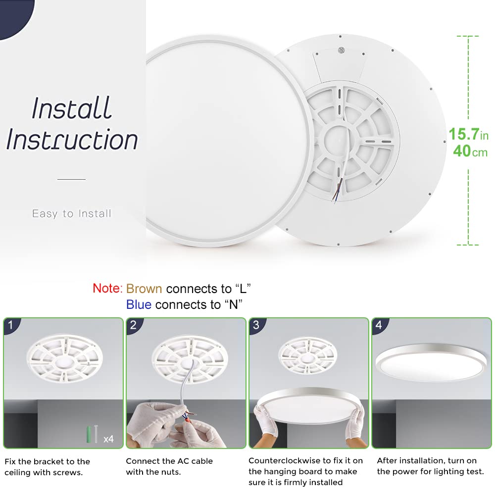 LightingWill LED Ceiling Light Fixture 15.7 Inch, 32W, 4000K Natural White, Modern Flat Round Design for Bedrooms, Hallway
