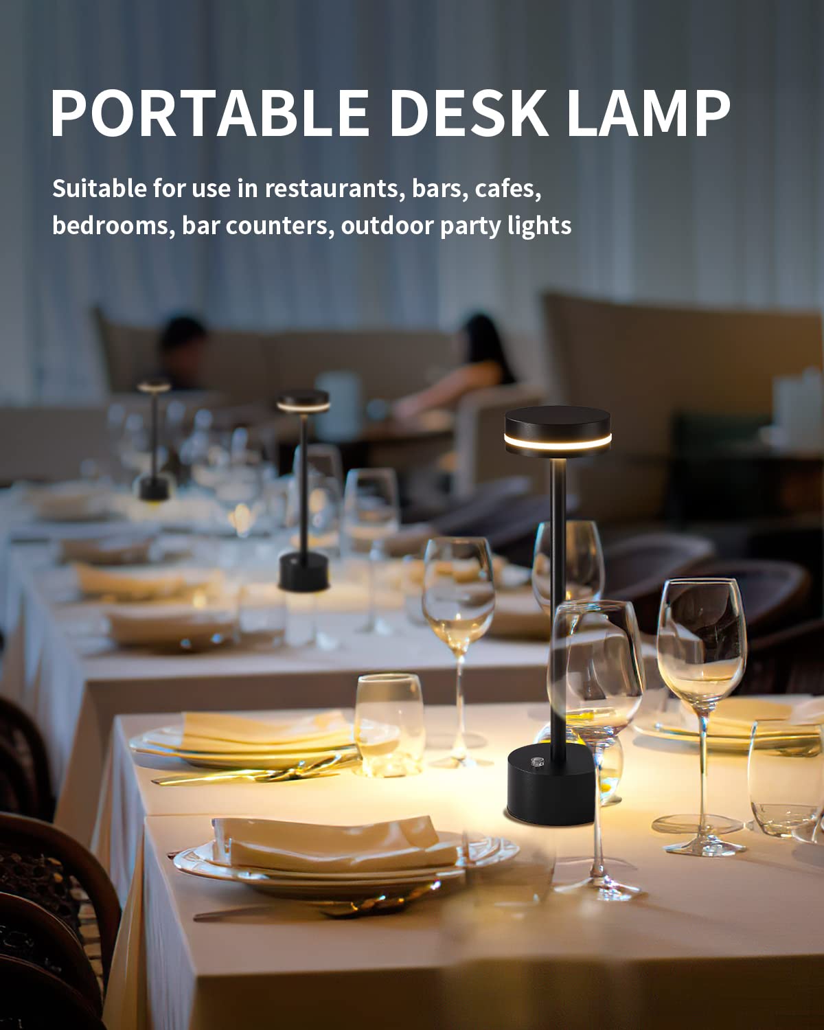 PUSU Cordless LED Table Lamp Set of 2, Touch Control, 3-Level Brightness, Black, Battery Powered, Model AMZ-TBL1800-B2
