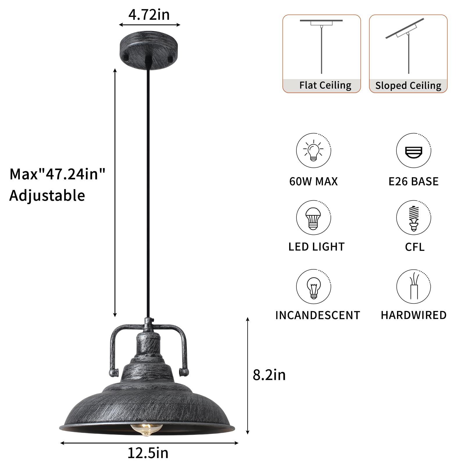 Sesiment Black And Silver Pendant Lights 12.5 Inches 3 Pack, Farmhouse Industrial Kitchen Pendant Lights For Bedroom, Living Roo