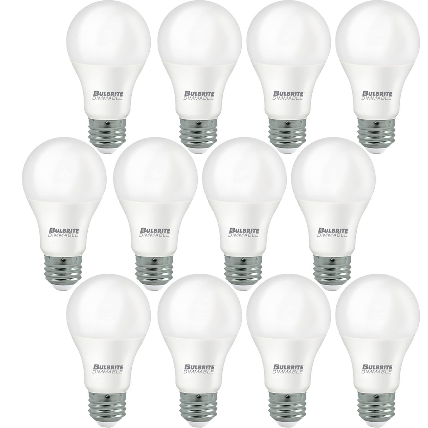 Bulbrite A19 LED Bulb Pack of 12, 9W, 60W Equivalent, Dimmable, 3000K Soft White Light, E26 Base, Model 774235