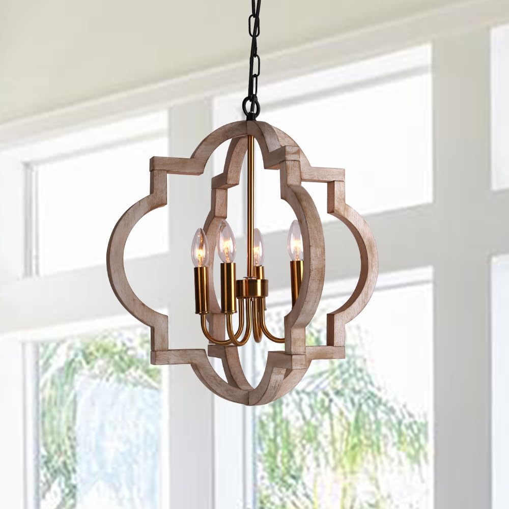 Sedelan 4-Light Farmhouse Chandelier  Orb Chandeliers for Dining Room Light Fixture  Wood French Country Chandelier  Candle Pendant Lights Kitchen Island for Entryway Bedroom  Gold  Adjustable Height